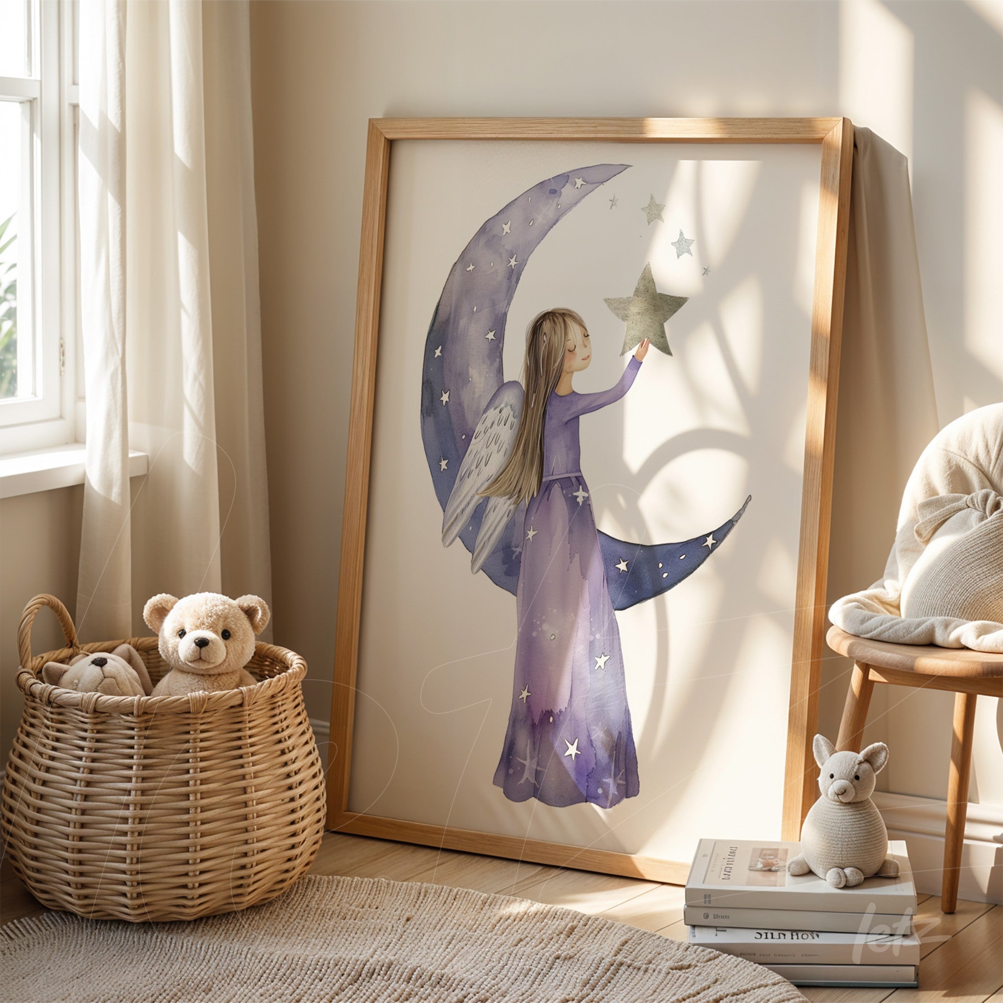 framed children's art featuring a girl with wings holding a star against a crescent moon backdrop with light wood frame