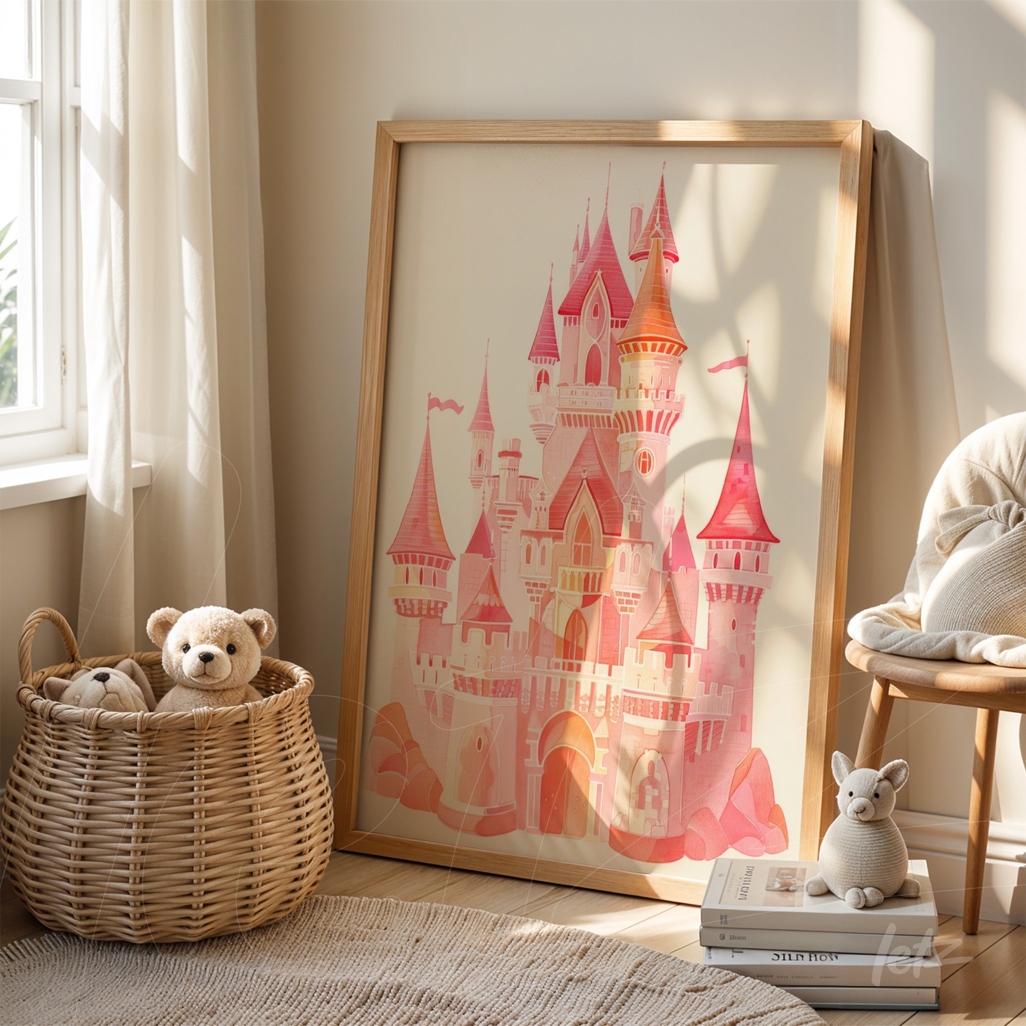 framed artwork of a fairytale castle in light wood frame