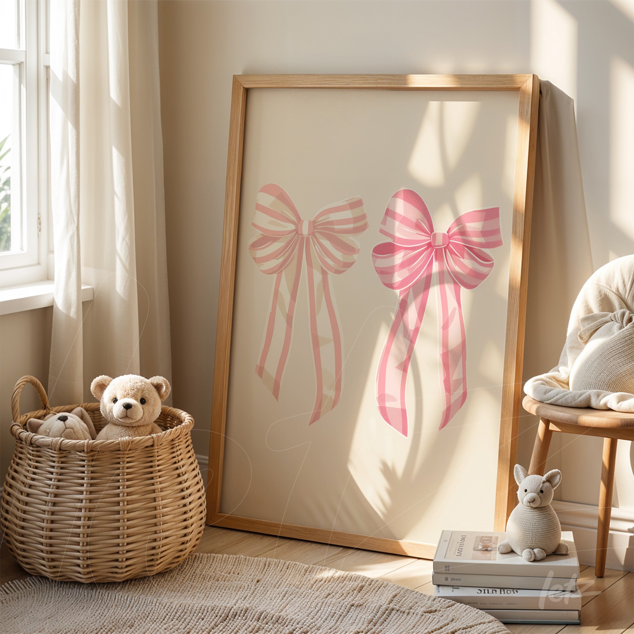 framed artwork featuring pink ribbons displayed in a cozy setting with plush toys and a wicker basket