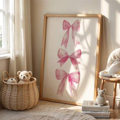 framed artwork featuring pink ribbon illustrations with a light wood frame in a bright indoor setting