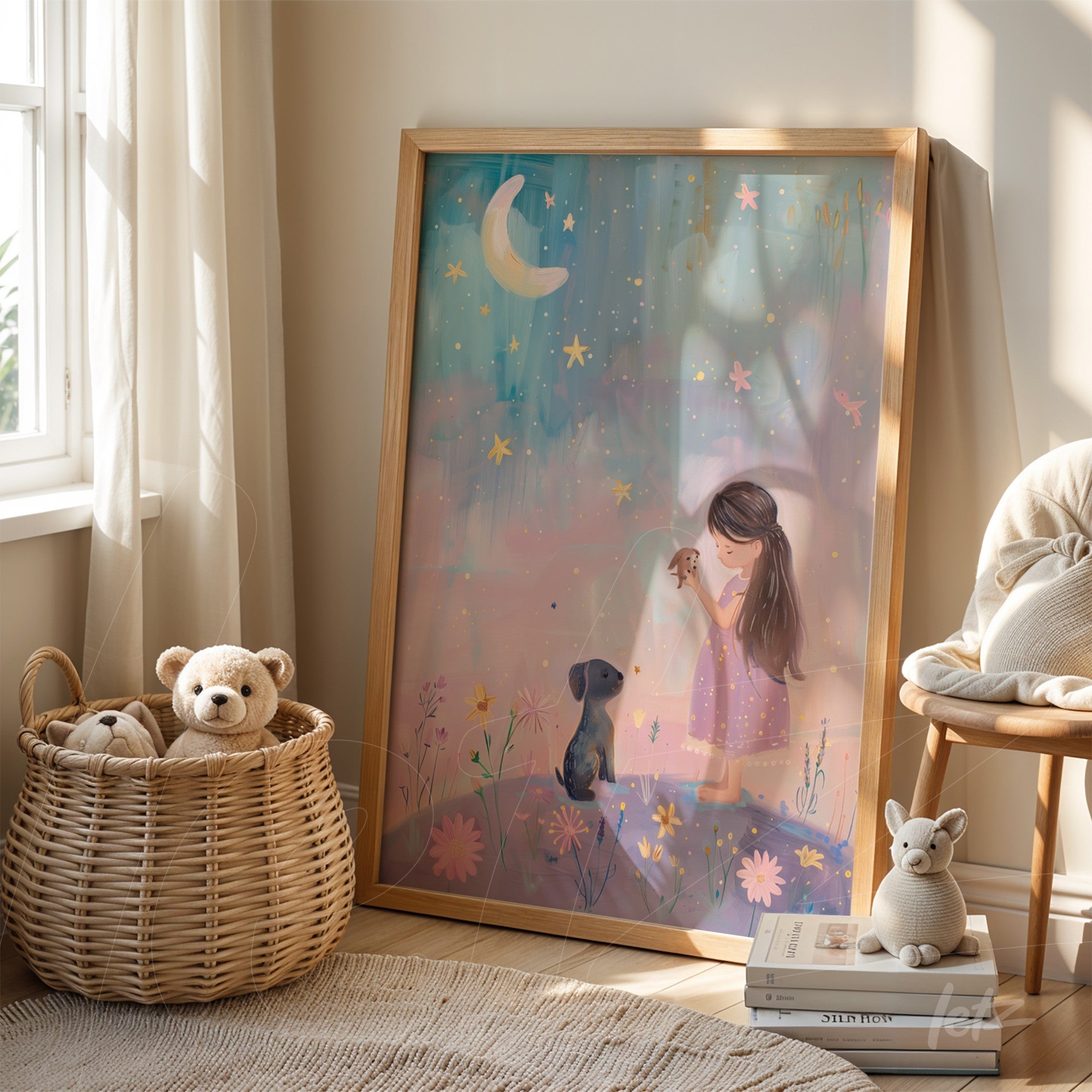 framed wall art of a girl looking at a star with a dog featuring a light wooden frame