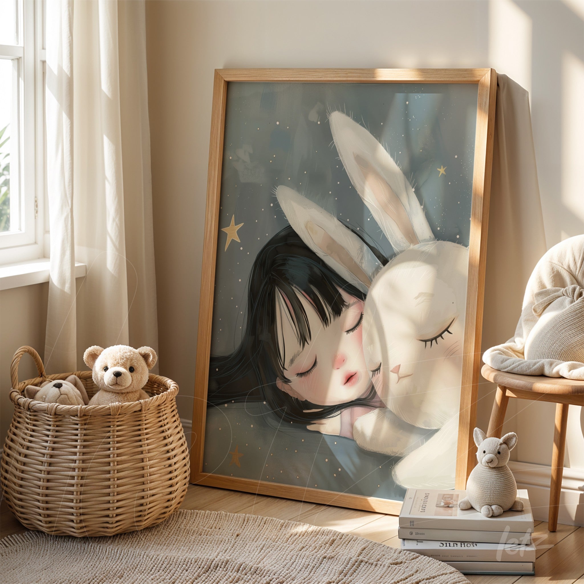 framed artwork featuring a cute illustration of a girl hugging a bunny with a light wood frame