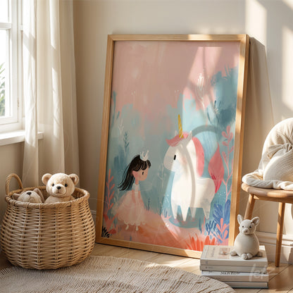 children's framed illustration of a girl in a crown interacting with a unicorn, light wood frame