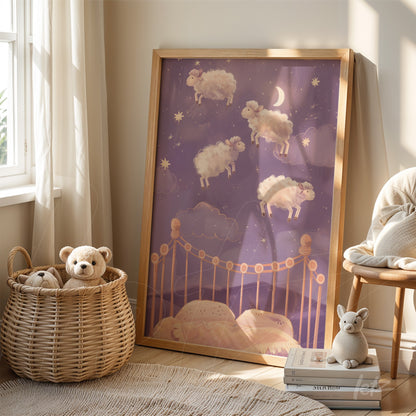 framed artwork featuring playful illustration of floating sheep in a nighttime setting with light wood frame