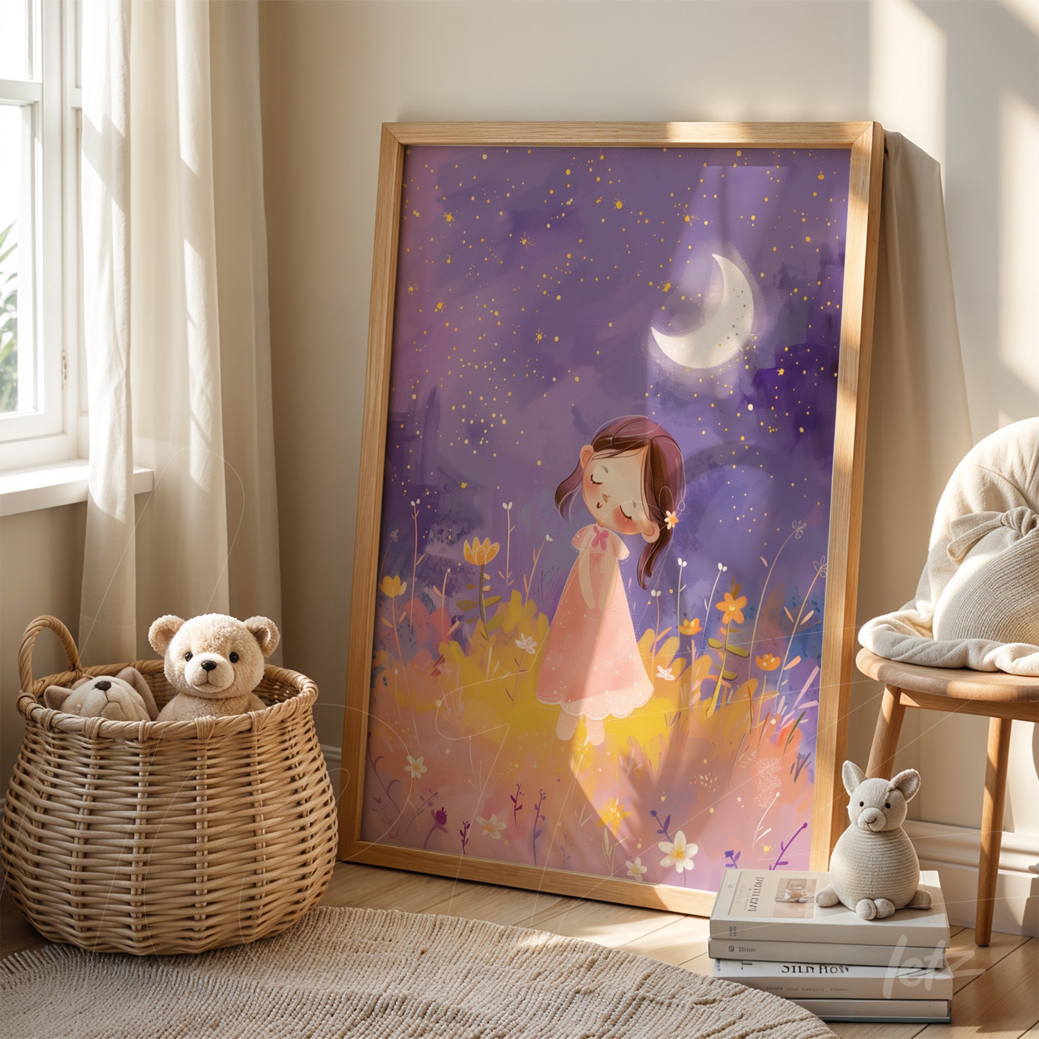 framed artwork depicting a girl dreaming under the moonlight with a light wooden frame