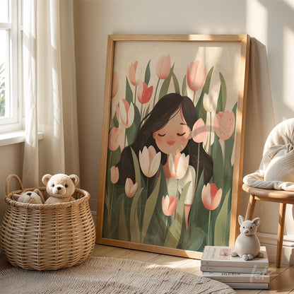 framed artwork of a girl surrounded by tulips in light wood frame