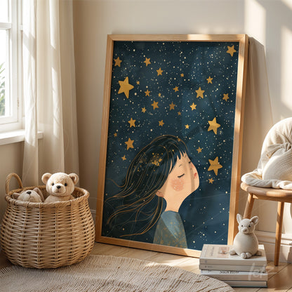framed artwork of a dreaming girl against a starry blue background with light wood frame