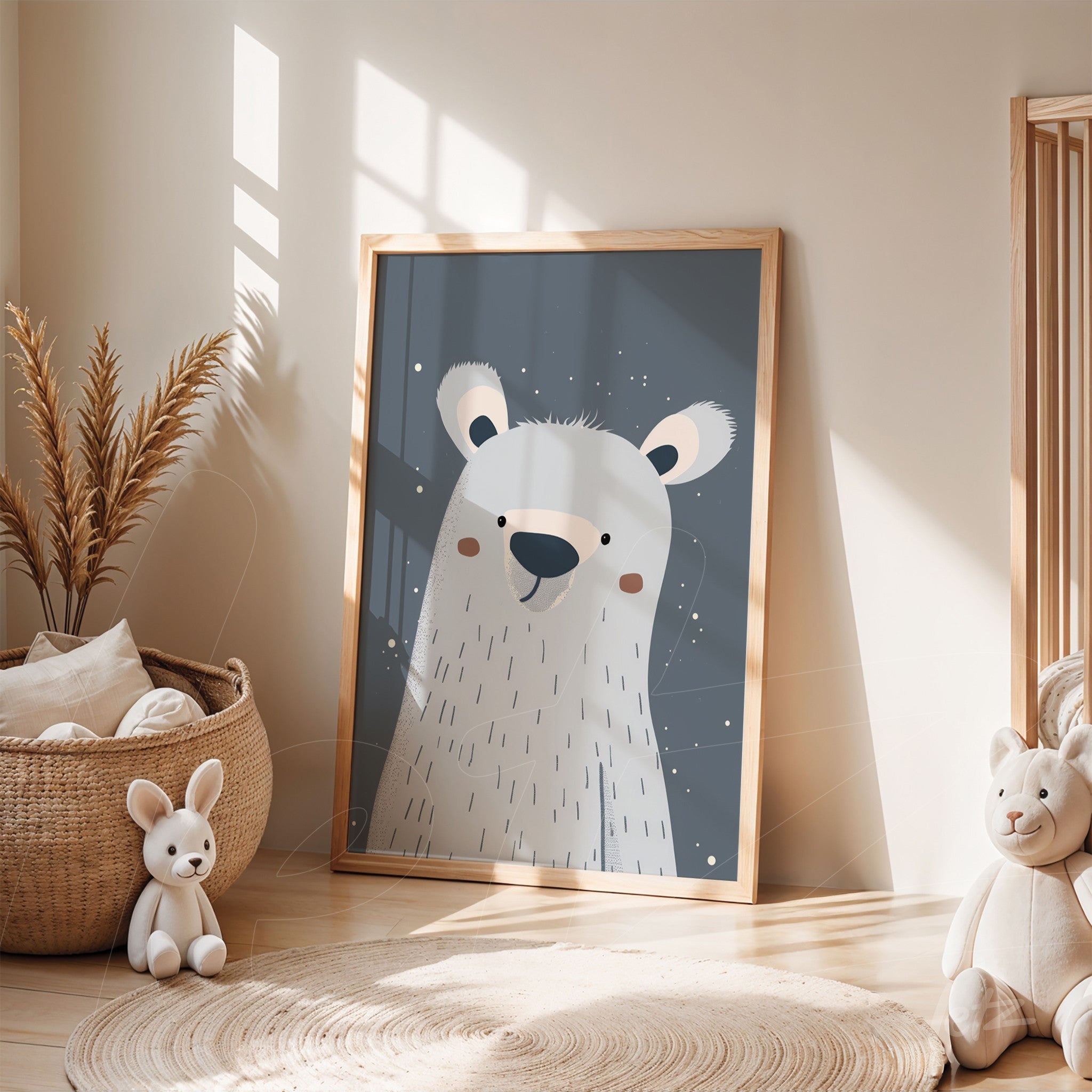 kids' framed wall art with polar bear illustration on gray background, in light wood frame, displayed in a nursery with wicker basket and plush toys
