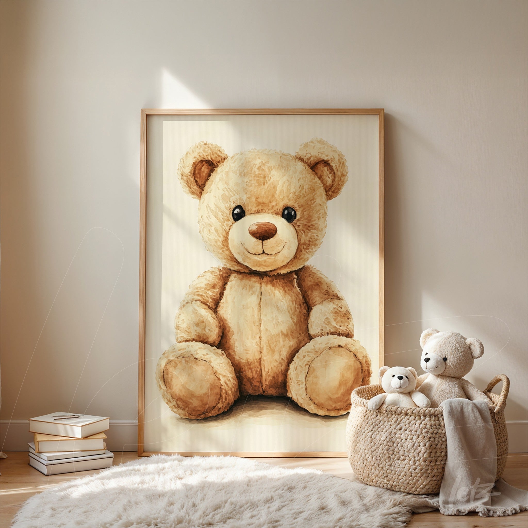 canvas print of a teddy bear in a light wood frame, displayed in a cozy setting with a fluffy rug and a toy basket