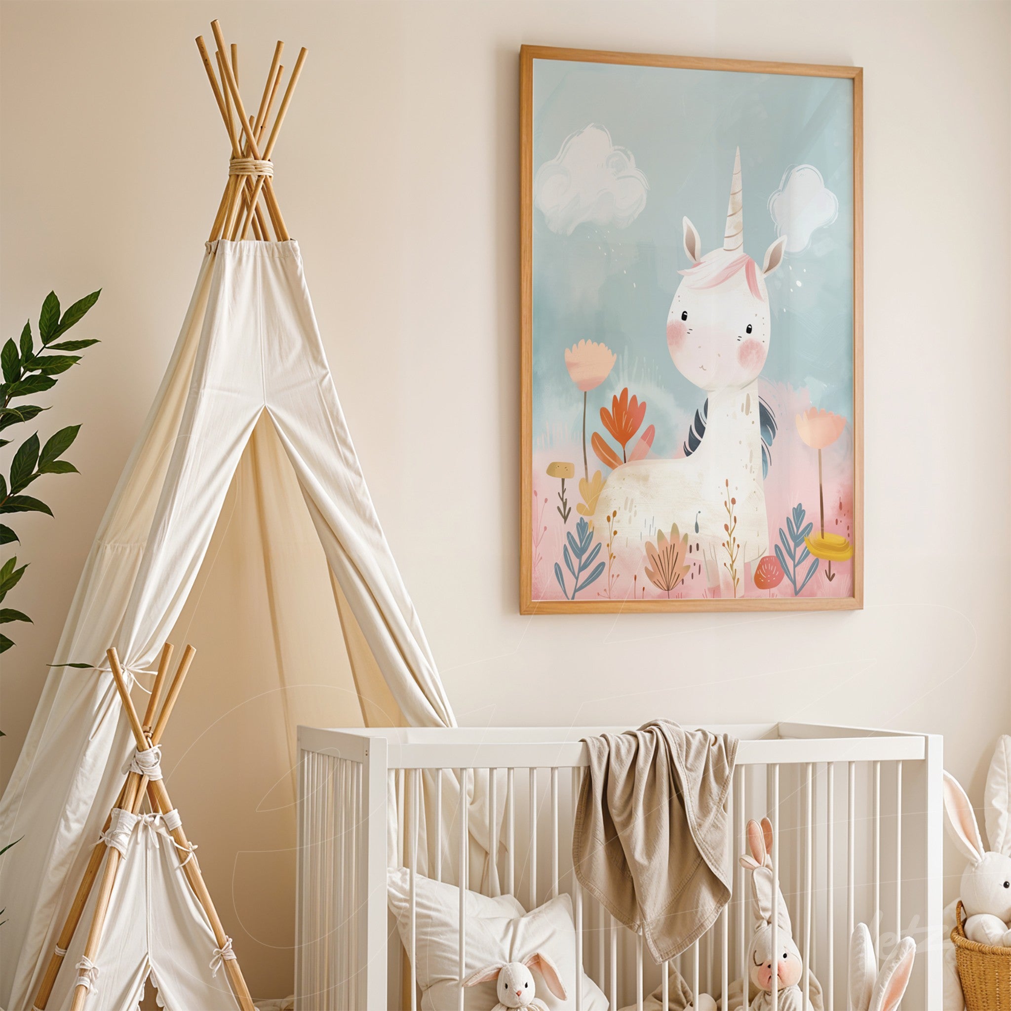 framed art featuring a unicorn illustration in a colorful setting with flowers displayed in a nursery room with a crib and a fabric tent