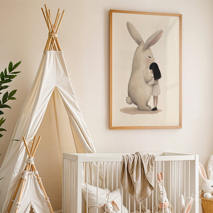 framed artwork featuring a rabbit and a girl in a light frame displayed in a child's bedroom with a crib and a play tent