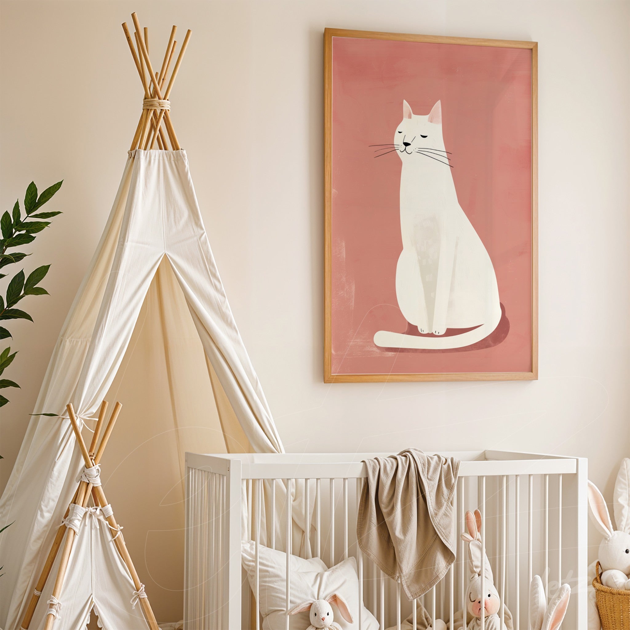 framed minimalist illustration of a white cat on a pink background displayed above a crib
