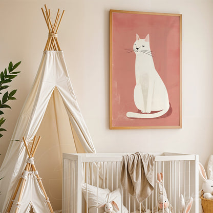 framed minimalist illustration of a white cat on a pink background displayed above a crib