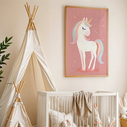 framed children's artwork of a unicorn with pastel colors on a pink background and gold frame