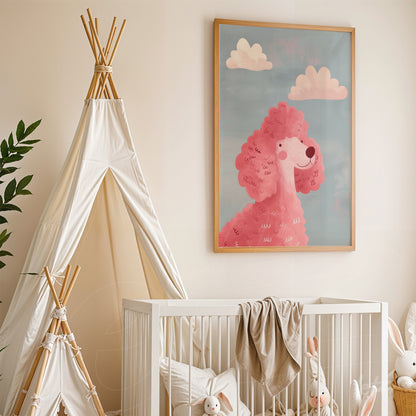 framed art piece featuring a pink poodle illustration against a neutral wall, positioned beside a crib and kids' teepee