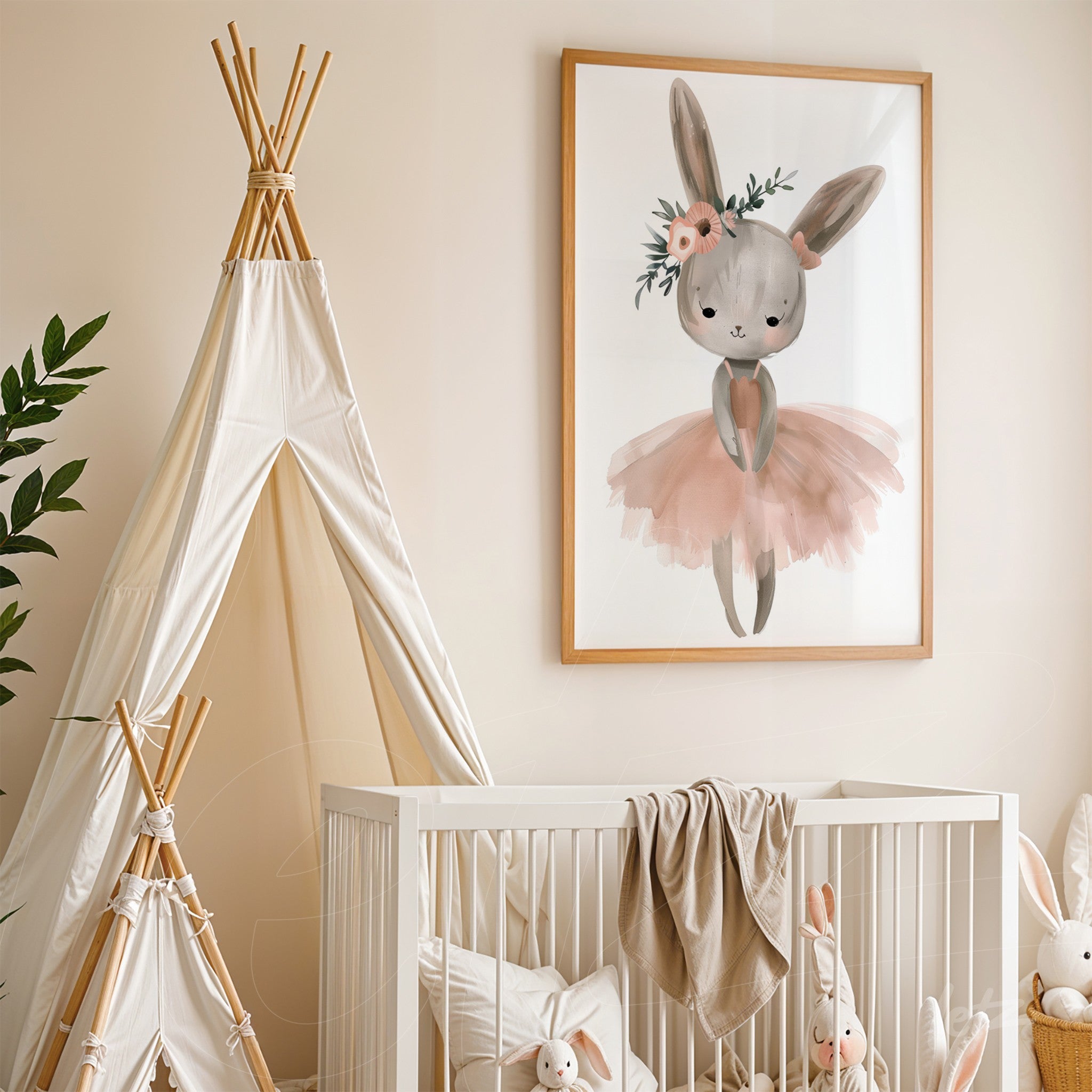 framed artwork of a bunny in pink tutu adorning a nursery, beside a white toy tent