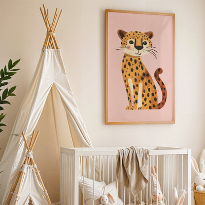 framed art featuring a leopard illustration on a pink background displayed on a light wall next to a crib and a white fabric tent
