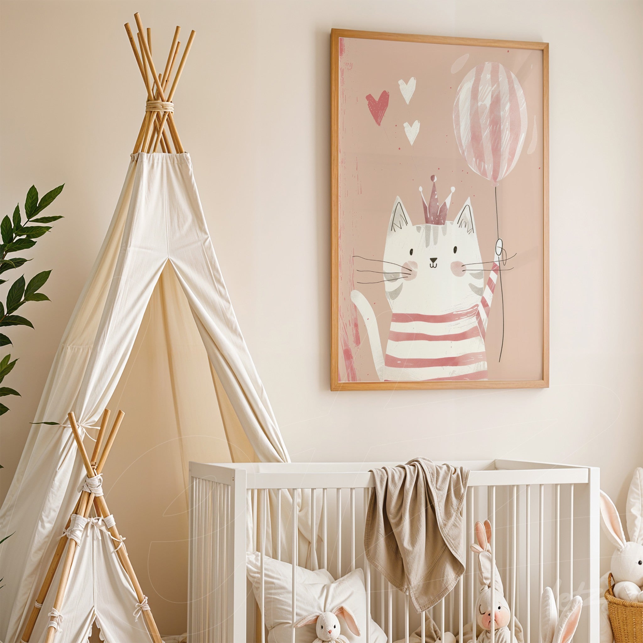 framed artwork of a stylized cat holding a balloon with a light wood frame displayed in a soft-colored nursery