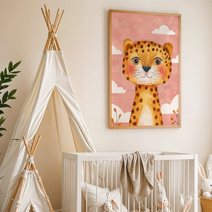 framed wall art featuring a friendly leopard illustration in light wood frame on a pink background