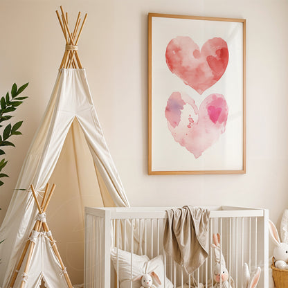 framed wall art featuring watercolor hearts in shades of pink displayed in a baby's room