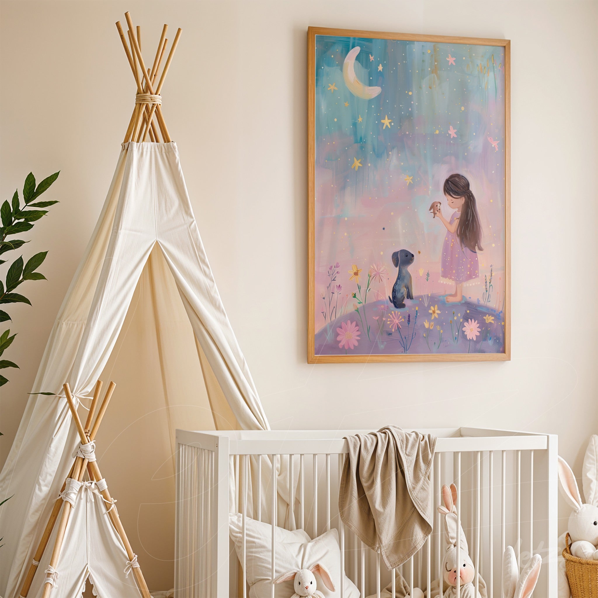 framed artwork featuring a girl interacting with a dog under a starry sky in soft pastel colors