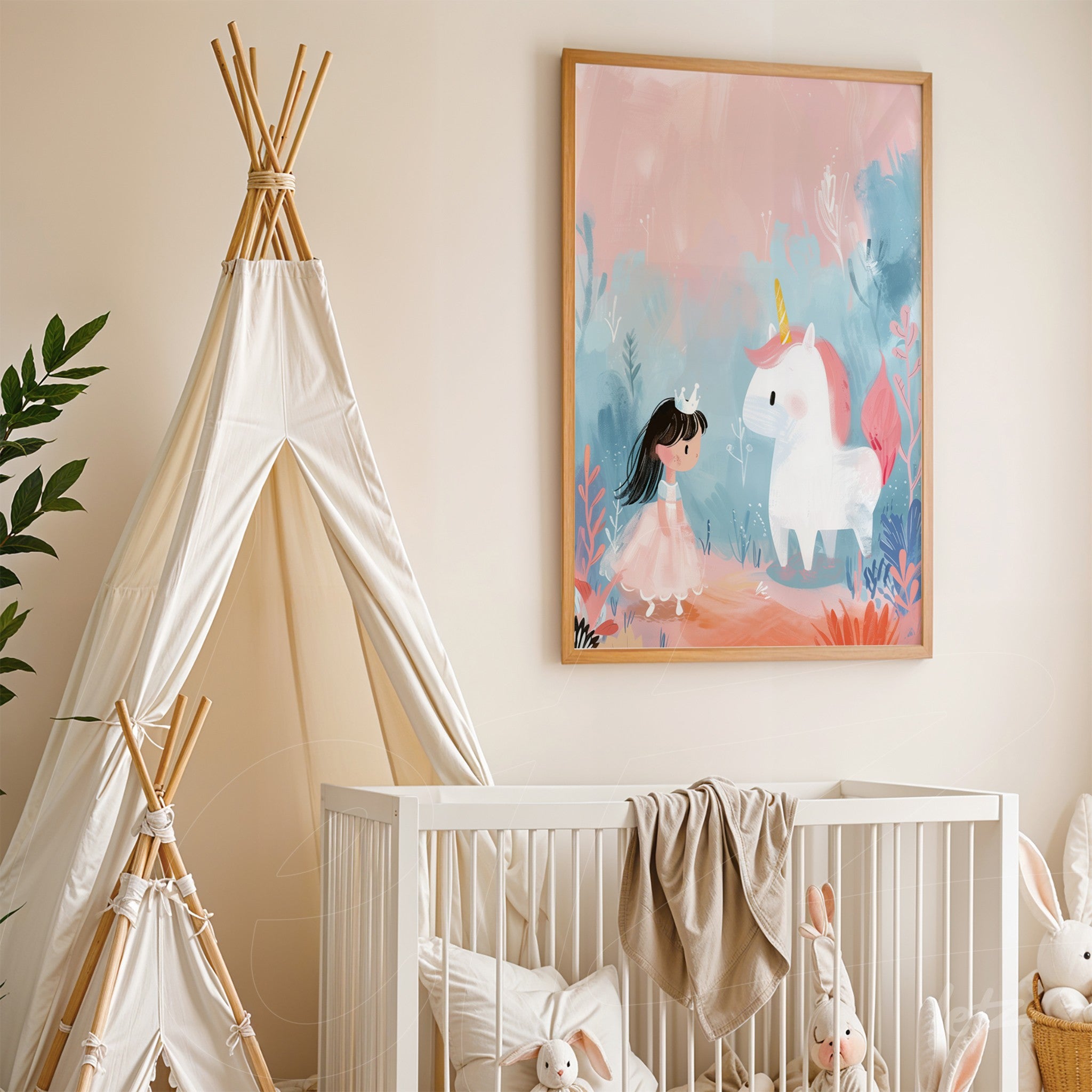 framed child art featuring a girl and a unicorn with a light wood frame