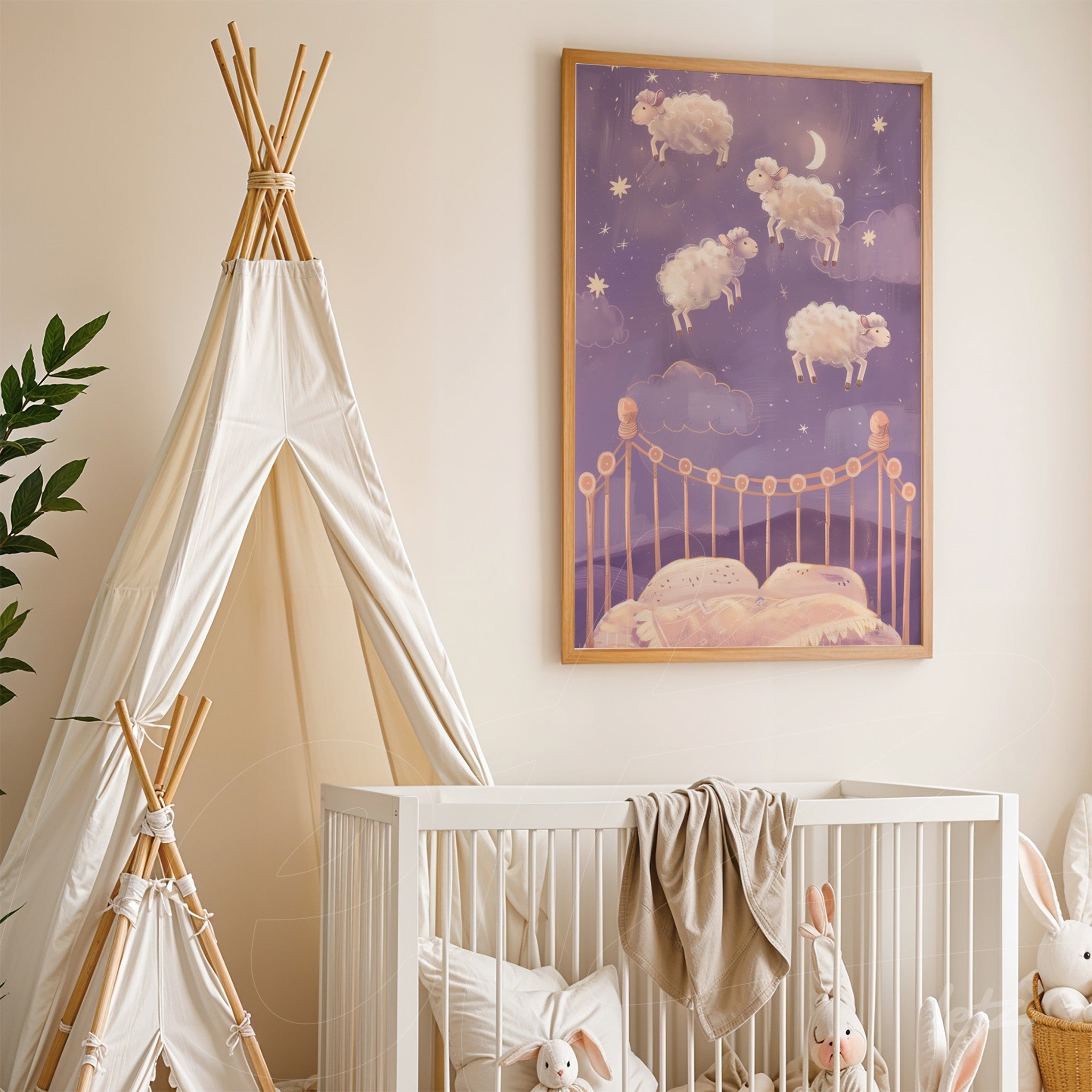 framed artwork featuring floating sheep in a night sky with clouds and stars in light wooden frame displayed in a nursery room