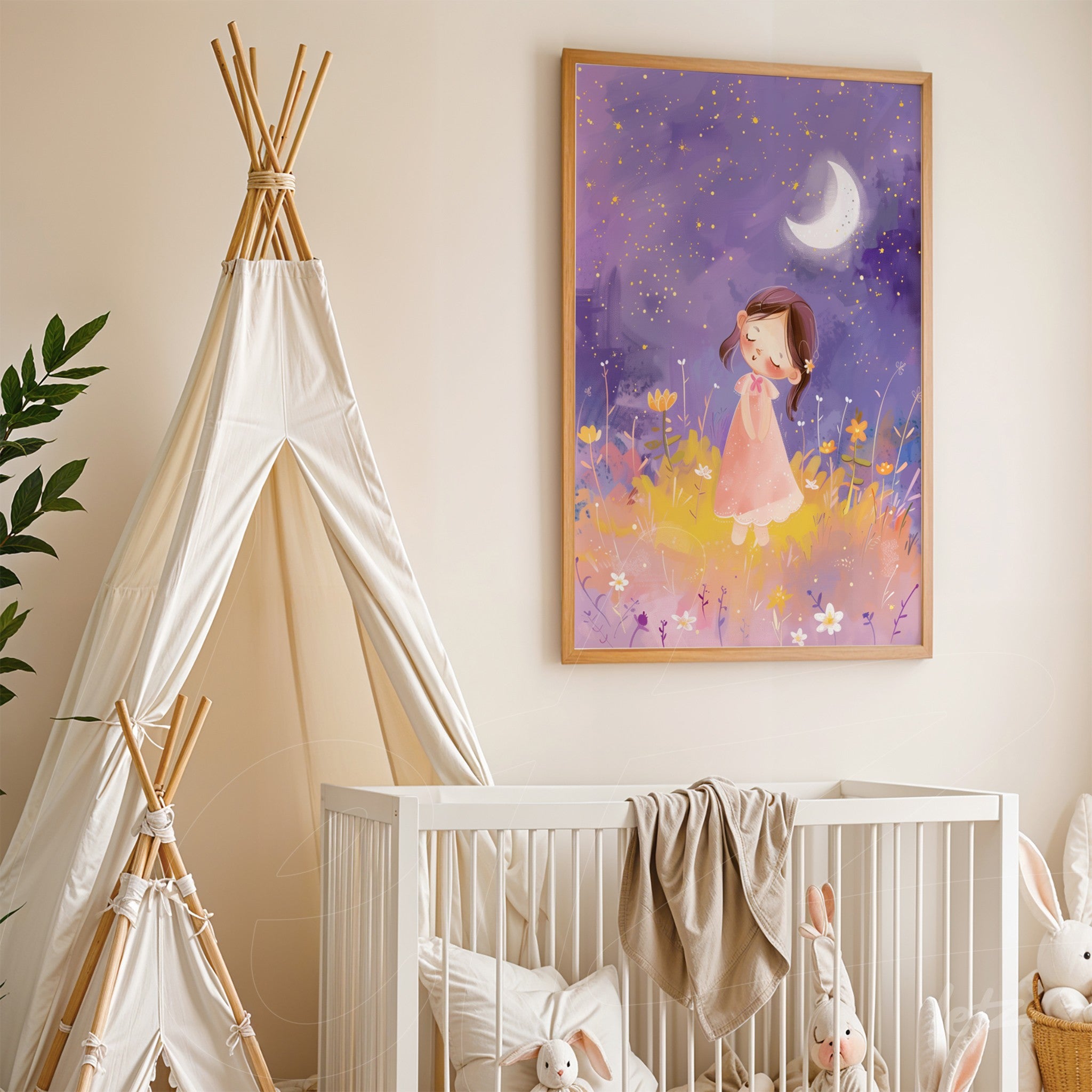 framed art depicting a child among flowers with a purple background and moon in light wood frame