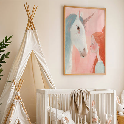 framed artwork featuring a young girl with orange hair gazing at a unicorn against a pink background, displayed in a nursery