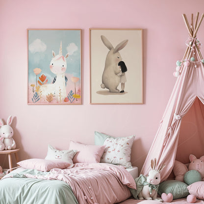 decorative composition of children's wall art featuring a unicorn and a bunny illustration, light frames, in a softly colored bedroom setting with playful elements