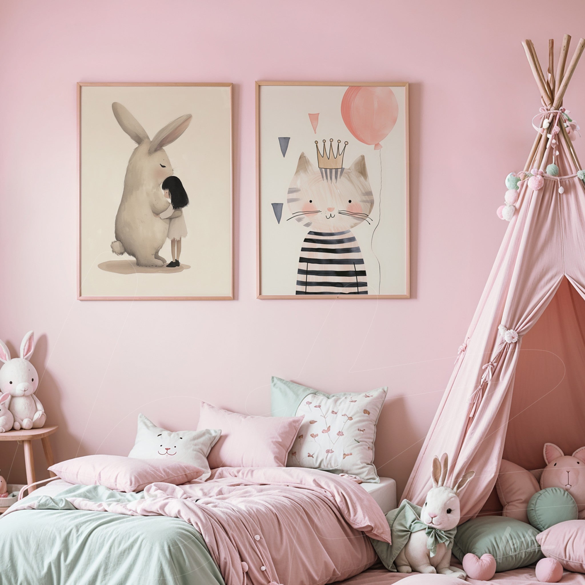 composition of two framed wall art pieces with a bunny hugging a girl and a cat wearing a crown and balloon, both set against a soft pink wall