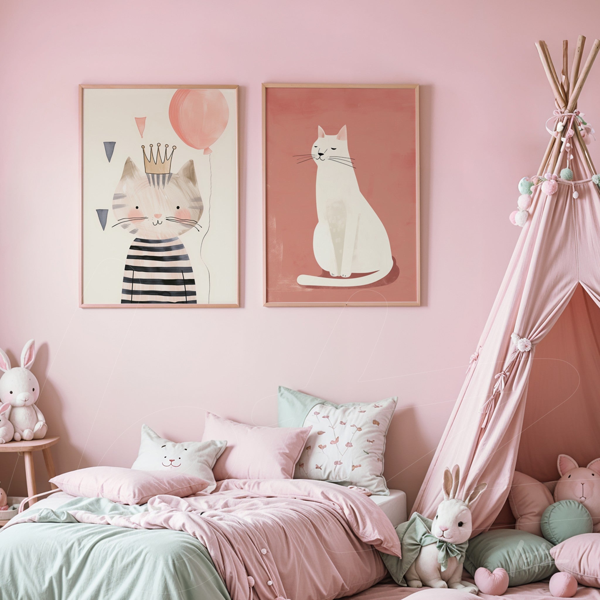 decorative wall art featuring cat illustrations in light frames against pink wall, along with a pastel-colored play tent