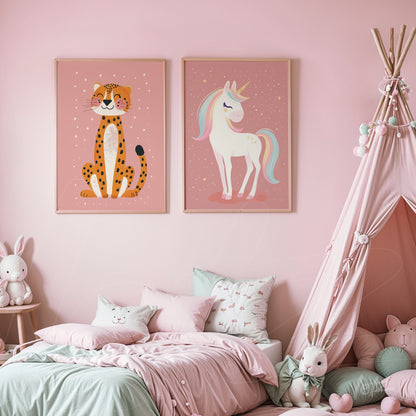collection of child art prints featuring a leopard and a unicorn in light frames on a pink wall