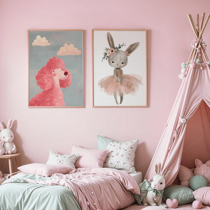 set of children's framed artworks featuring a ballet bunny and a pink poodle against a soft pink wall