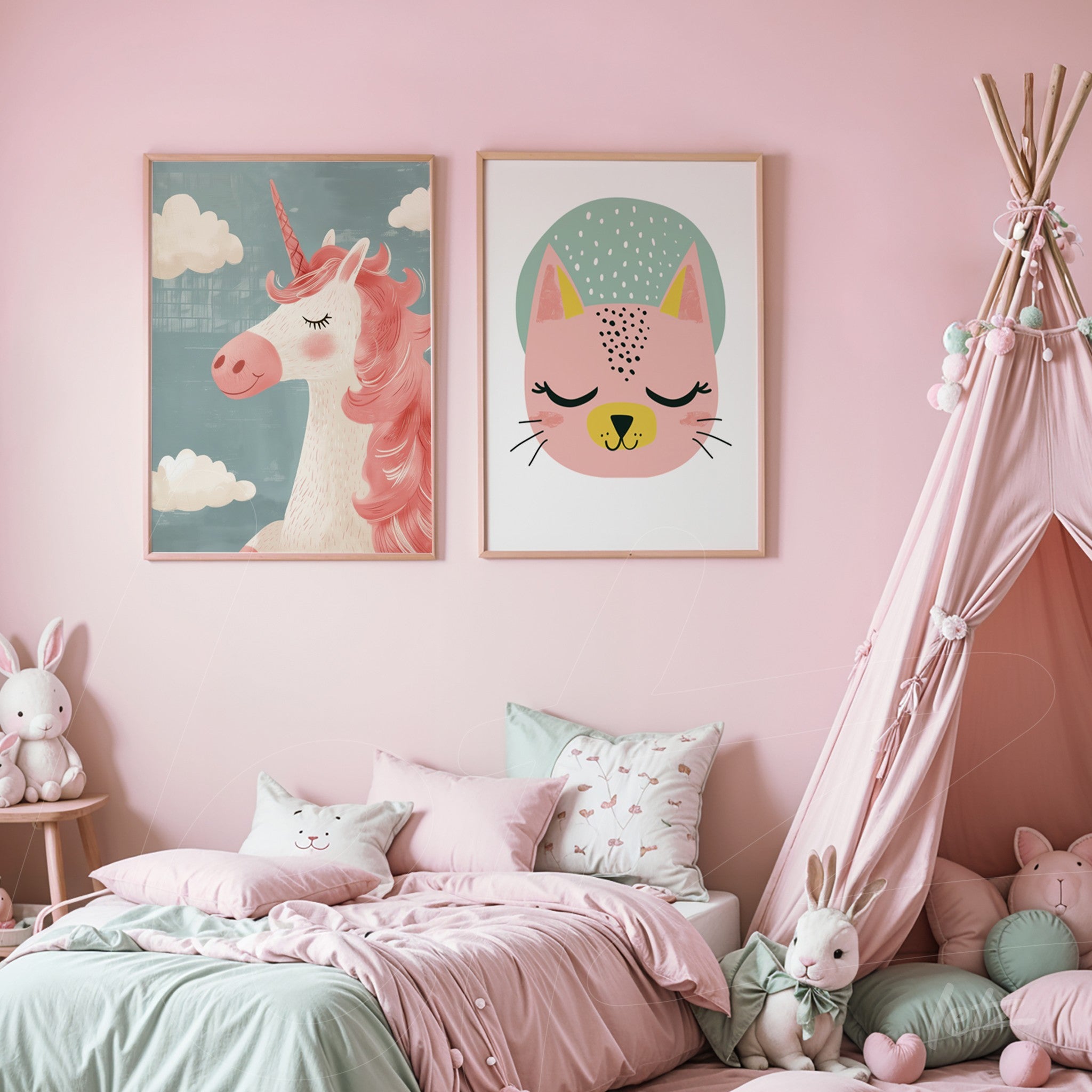framed wall art composition featuring a pink unicorn and a stylized cat with light background in a pink-themed children's room