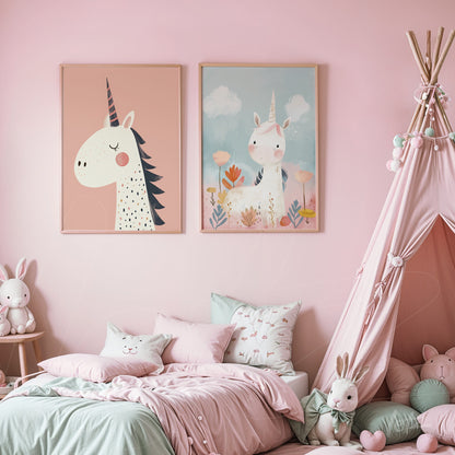 composition of two wall art pieces featuring unicorn illustrations in light frames displayed on a soft pink wall