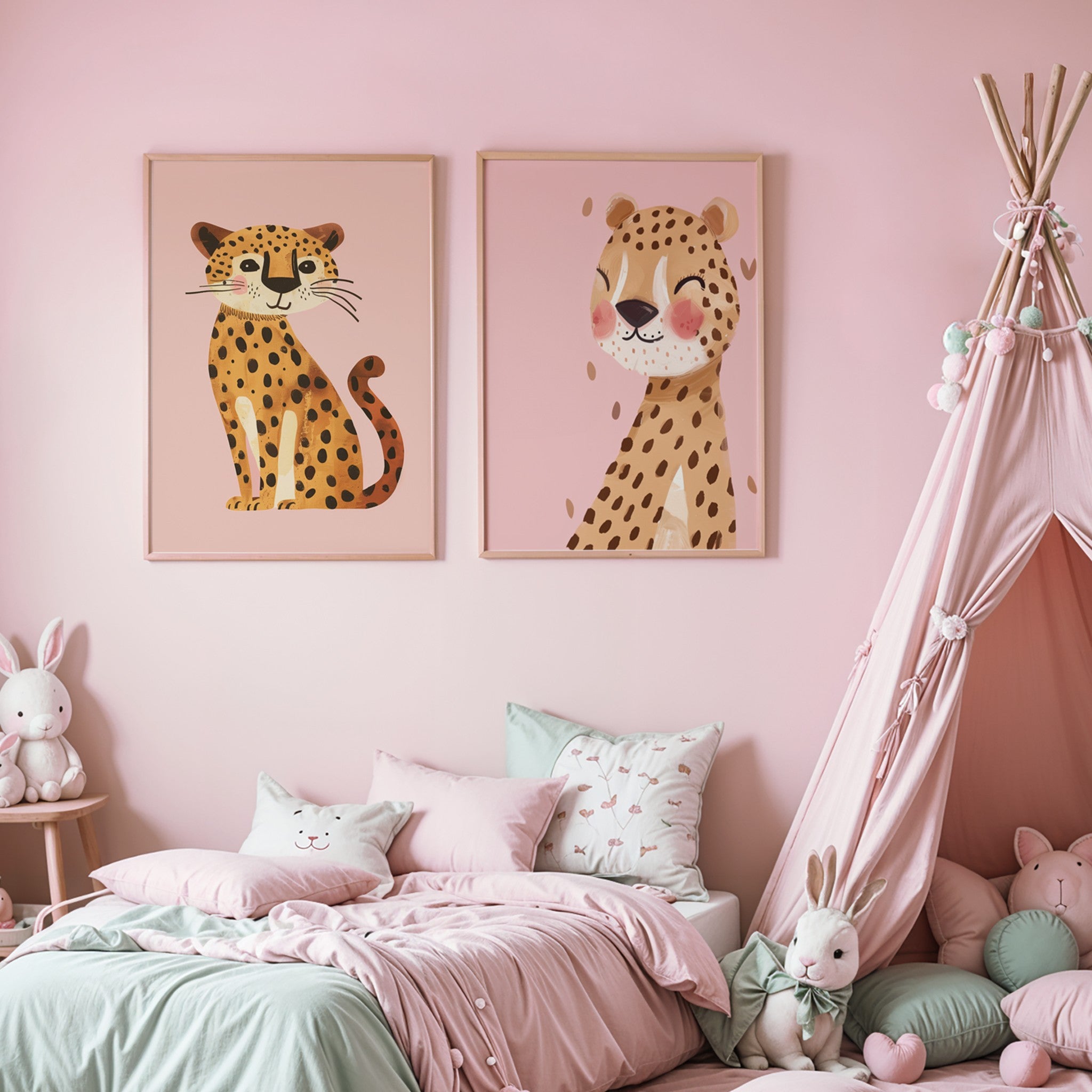 set of child-friendly wall art featuring leopard illustrations in light frames against a pink wall