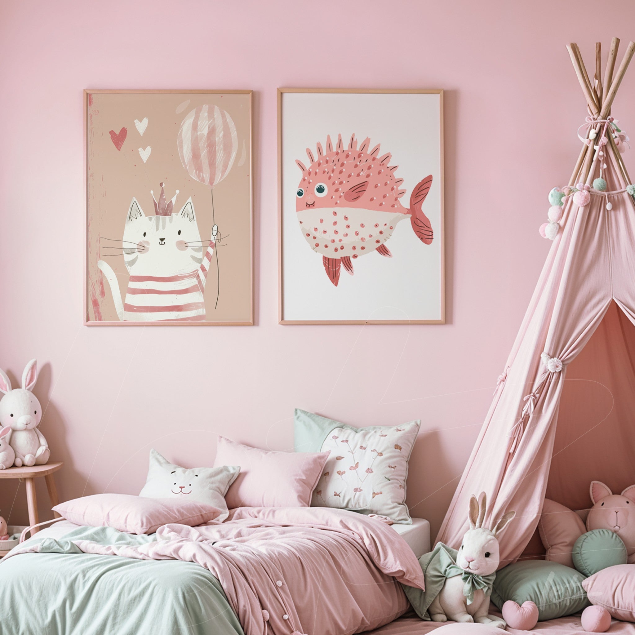 framed wall art featuring a cat holding balloons and a fish in digital style, hung on a pink wall