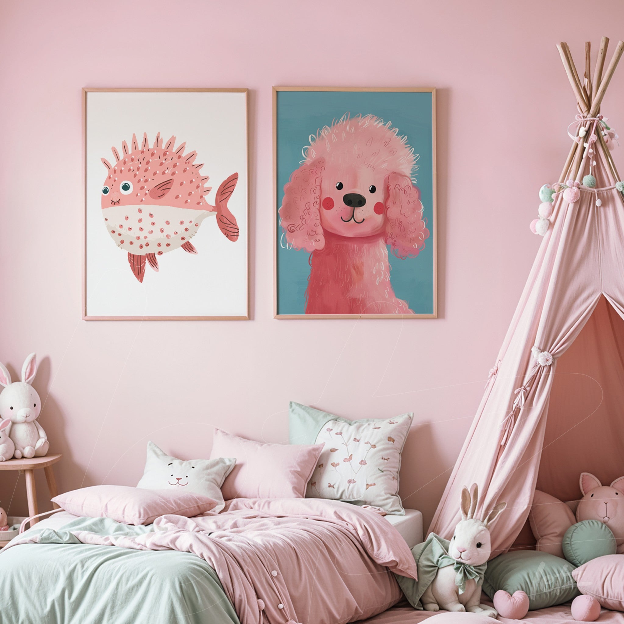 two framed kids wall art pieces featuring a spiky pink fish and a fluffy pink dog against a pastel pink wall