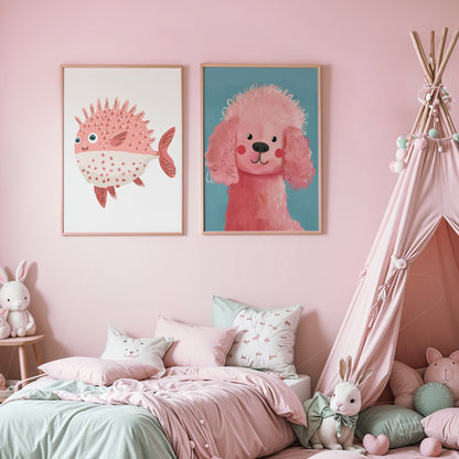 two framed kids wall art pieces featuring a spiky pink fish and a fluffy pink dog against a pastel pink wall
