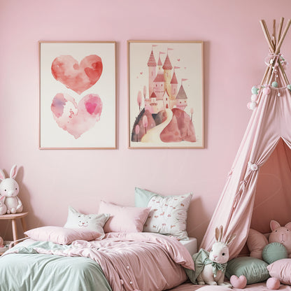 set of framed watercolors featuring hearts and a fairytale castle in a soft pink themed children's room