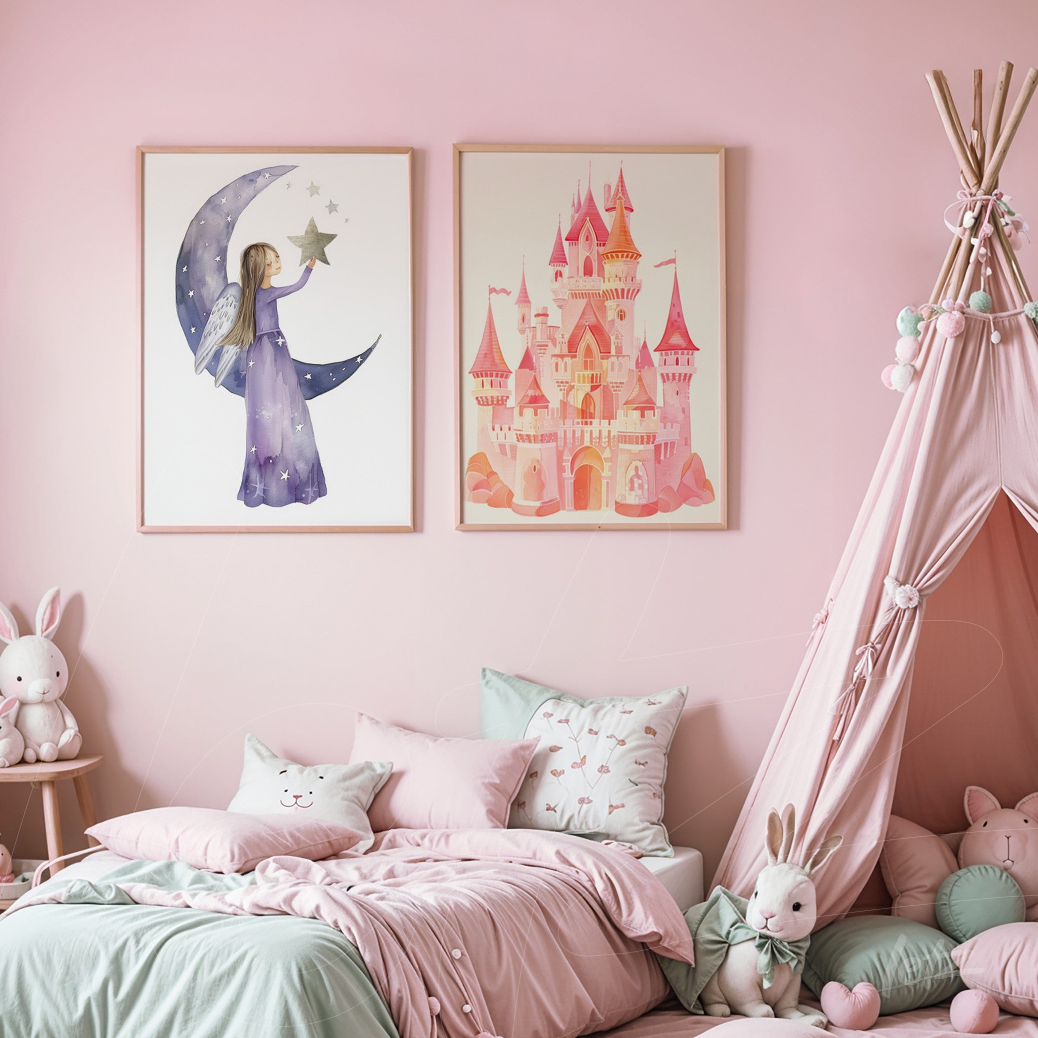 composition of two framed children's artworks, one featuring a fairy holding a star next to a colorful castle illustration on pink wall