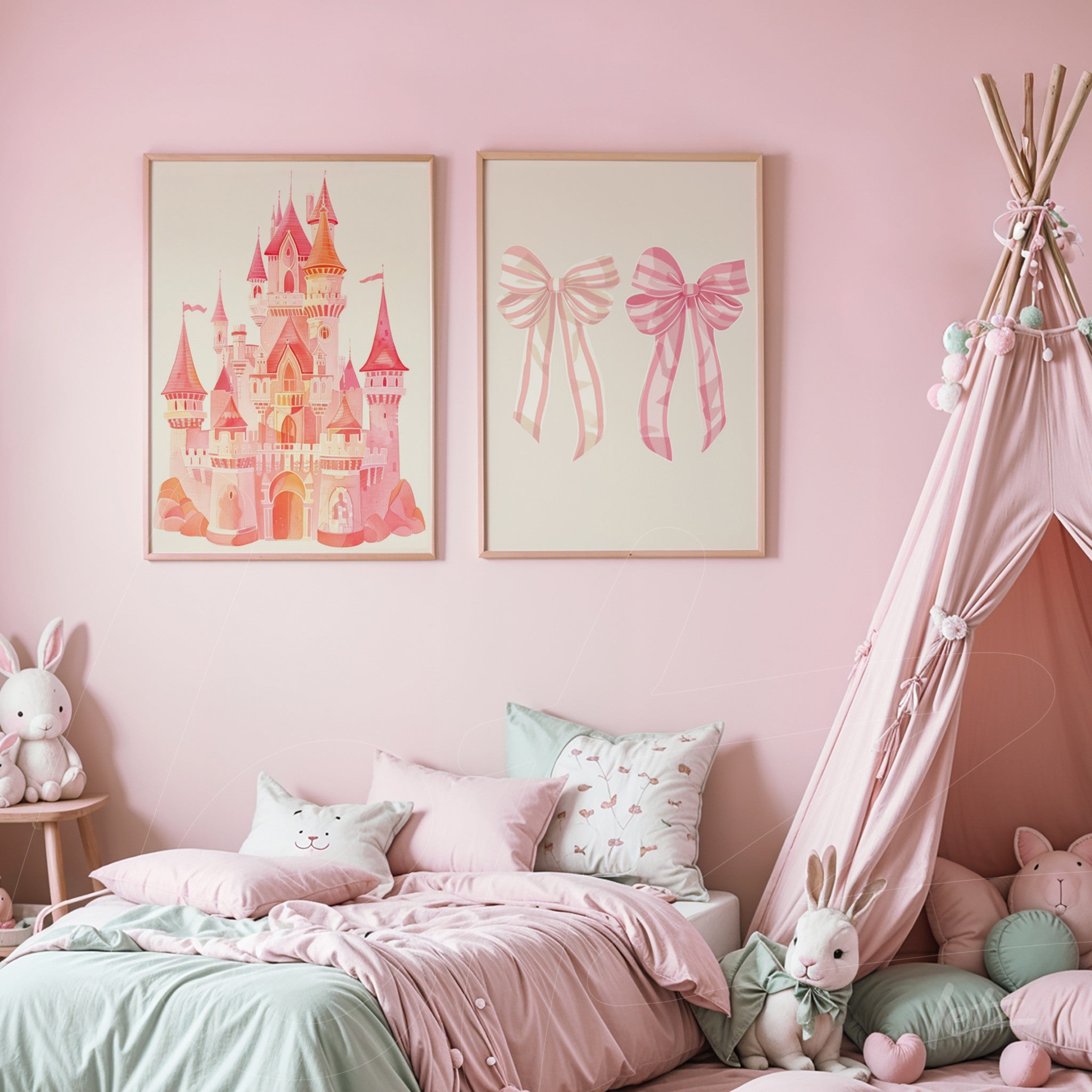 framed wall art composition featuring a pink castle and ribbon illustrations displayed above a blush bed in a child's room with a play tent