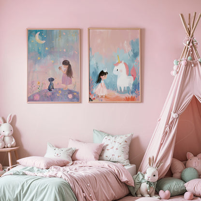 composition of two light framed artworks featuring playful illustrations of a girl with a dog and another of a girl with a unicorn, set in a pink room with decorative elements like cushions and a teepee