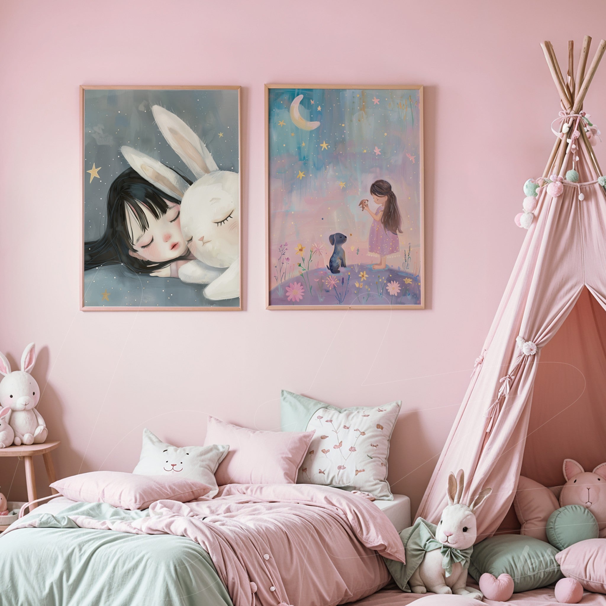 set of framed illustrations featuring a girl sleeping with a bunny and a girl with a dog under the moon in light wood frames displayed on soft pink wall