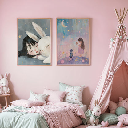 set of framed illustrations featuring a girl sleeping with a bunny and a girl with a dog under the moon in light wood frames displayed on soft pink wall