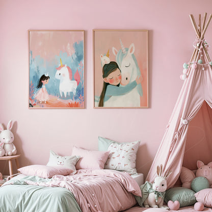 set of playful wall art with unicorn illustrations in light wooden frames against a pink wall