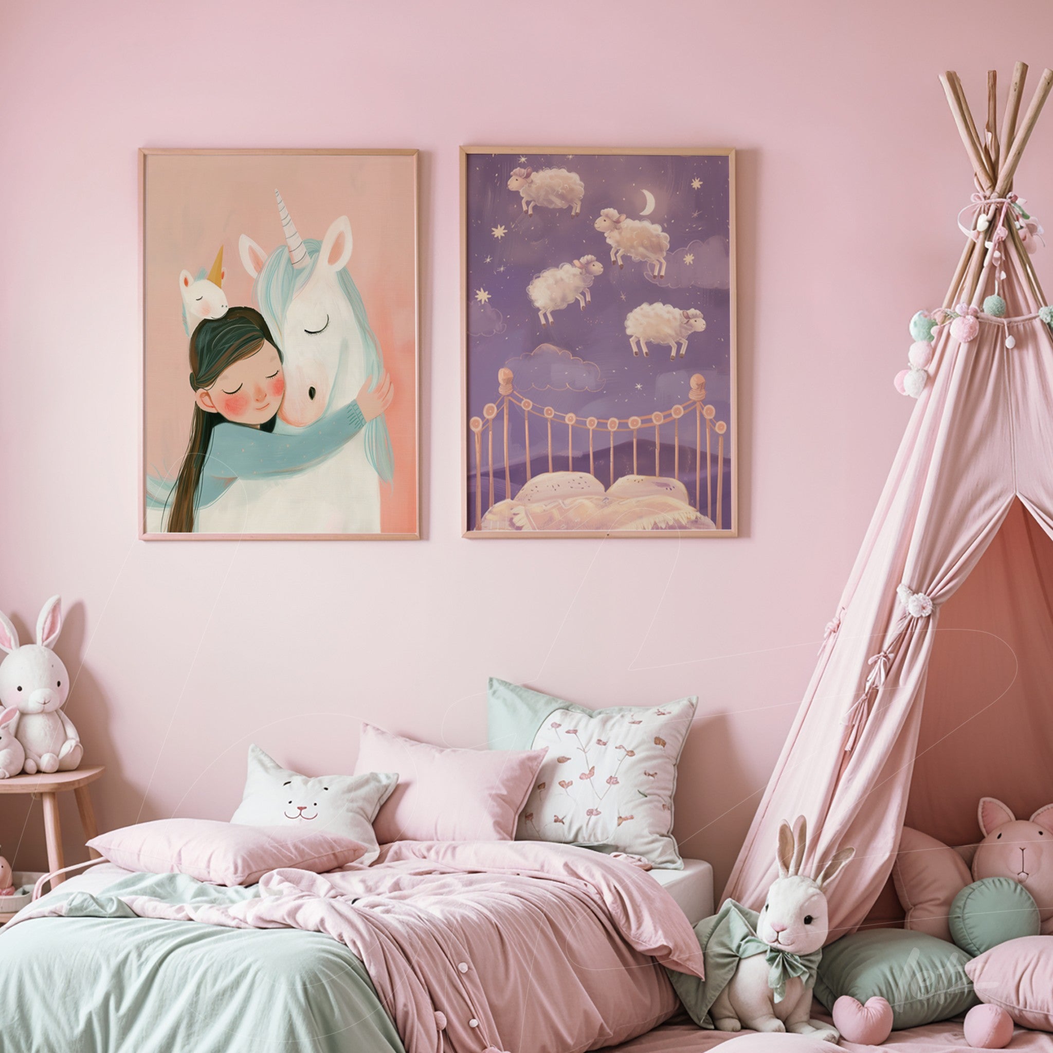 decorative wall art composition for kids featuring a girl hugging a unicorn and a starry sky with sheep, both in light frames against a pink wall