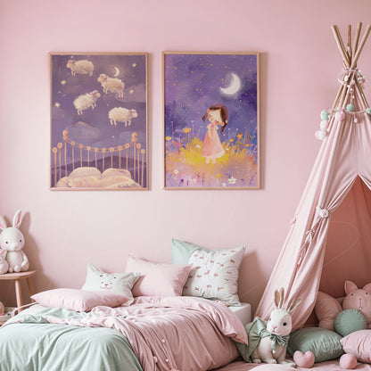composition featuring two framed artworks, one depicting a magical night scene with floating sheep and the other portraying a girl in a flower field under the moon, displayed in a pink bedroom with cute details