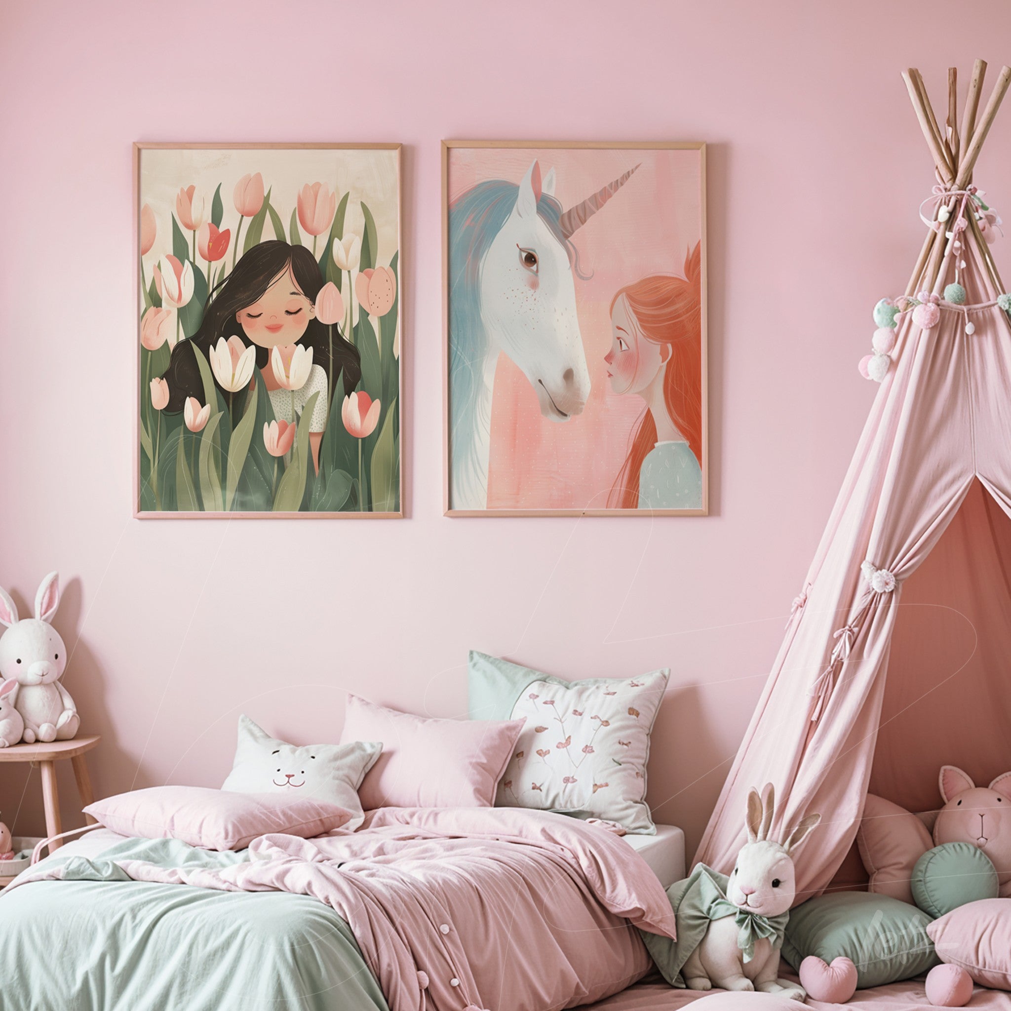 set of framed wall art featuring whimsical illustrations of a girl surrounded by flowers and a unicorn, displayed on a pink wall